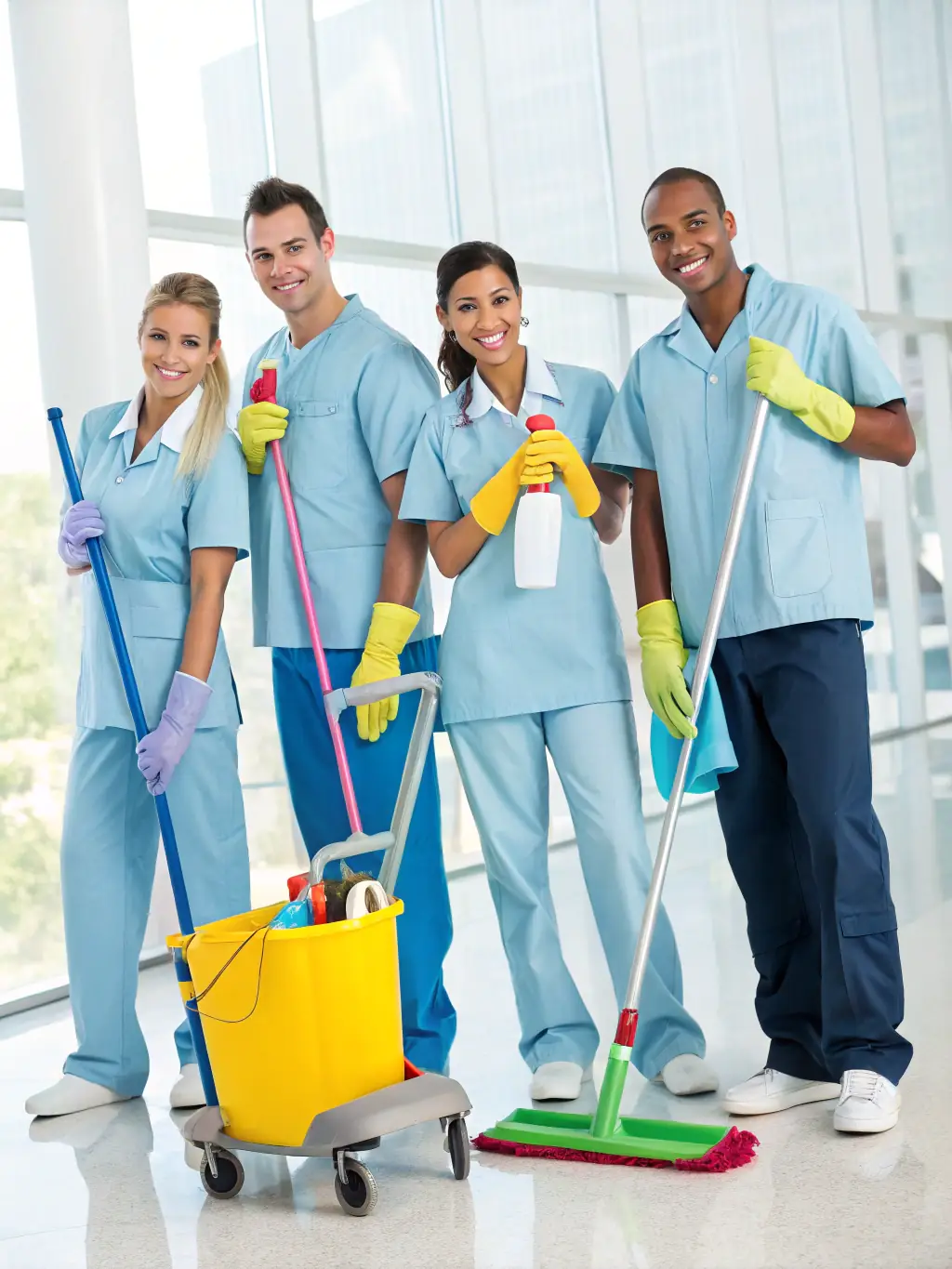 A diverse team of Avessdo cleaning professionals collaborating on a large commercial cleaning project, showcasing teamwork and expertise.