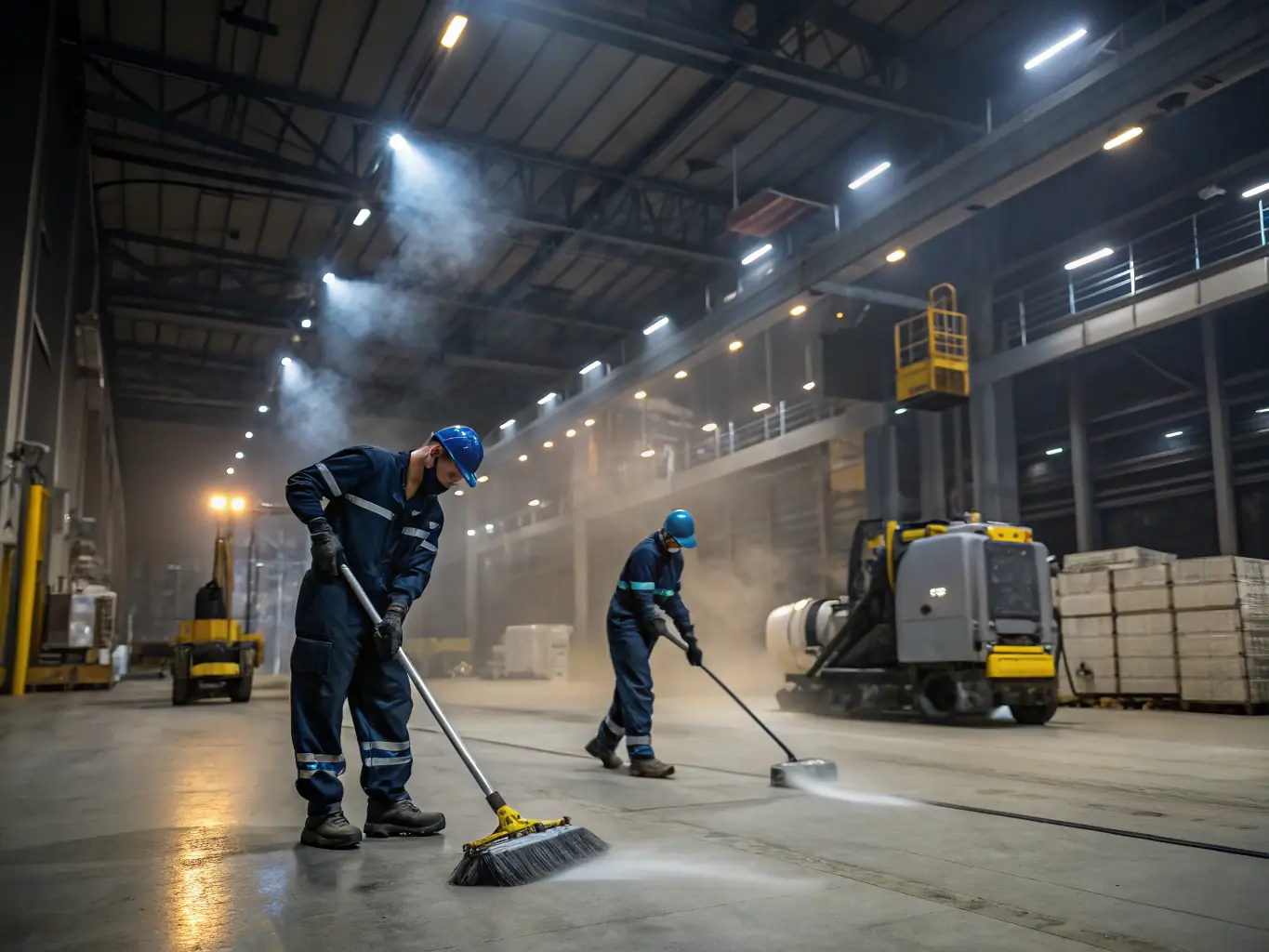 A professional floor cleaning team using specialized equipment to scrub and polish a VCT floor in a commercial building.