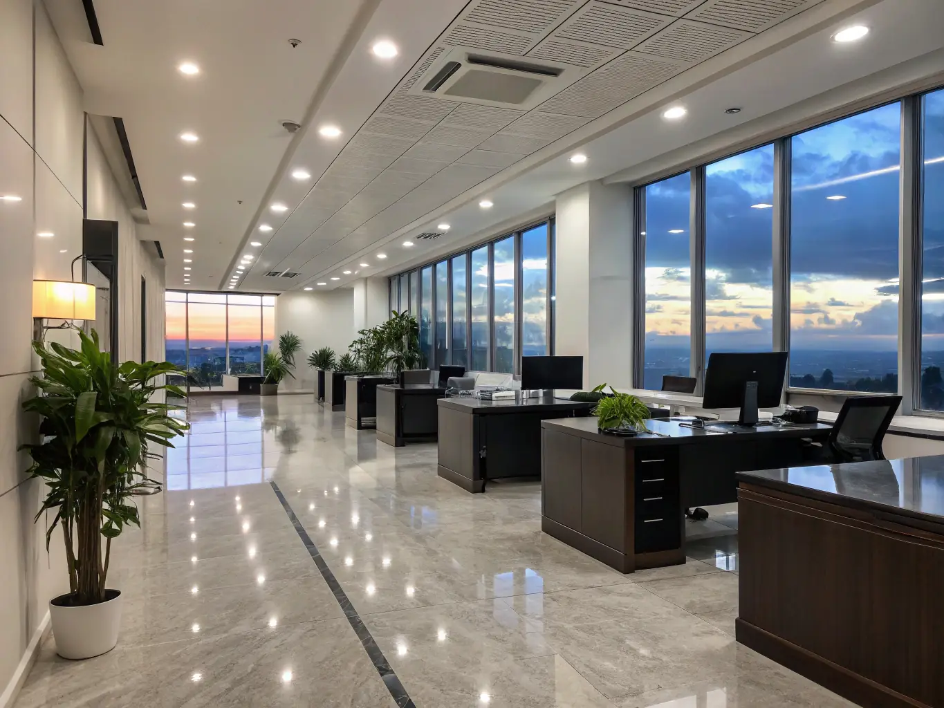 A brightly lit, modern office space with a cleaning crew vacuuming and dusting, showcasing Avessdo's commitment to maintaining pristine corporate environments.