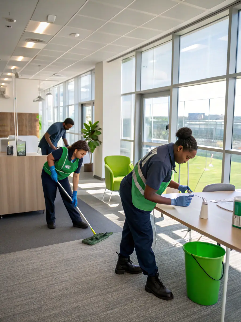 Avessdo's cleaning crew using advanced, eco-friendly equipment in a modern office setting, emphasizing sustainability and efficiency.