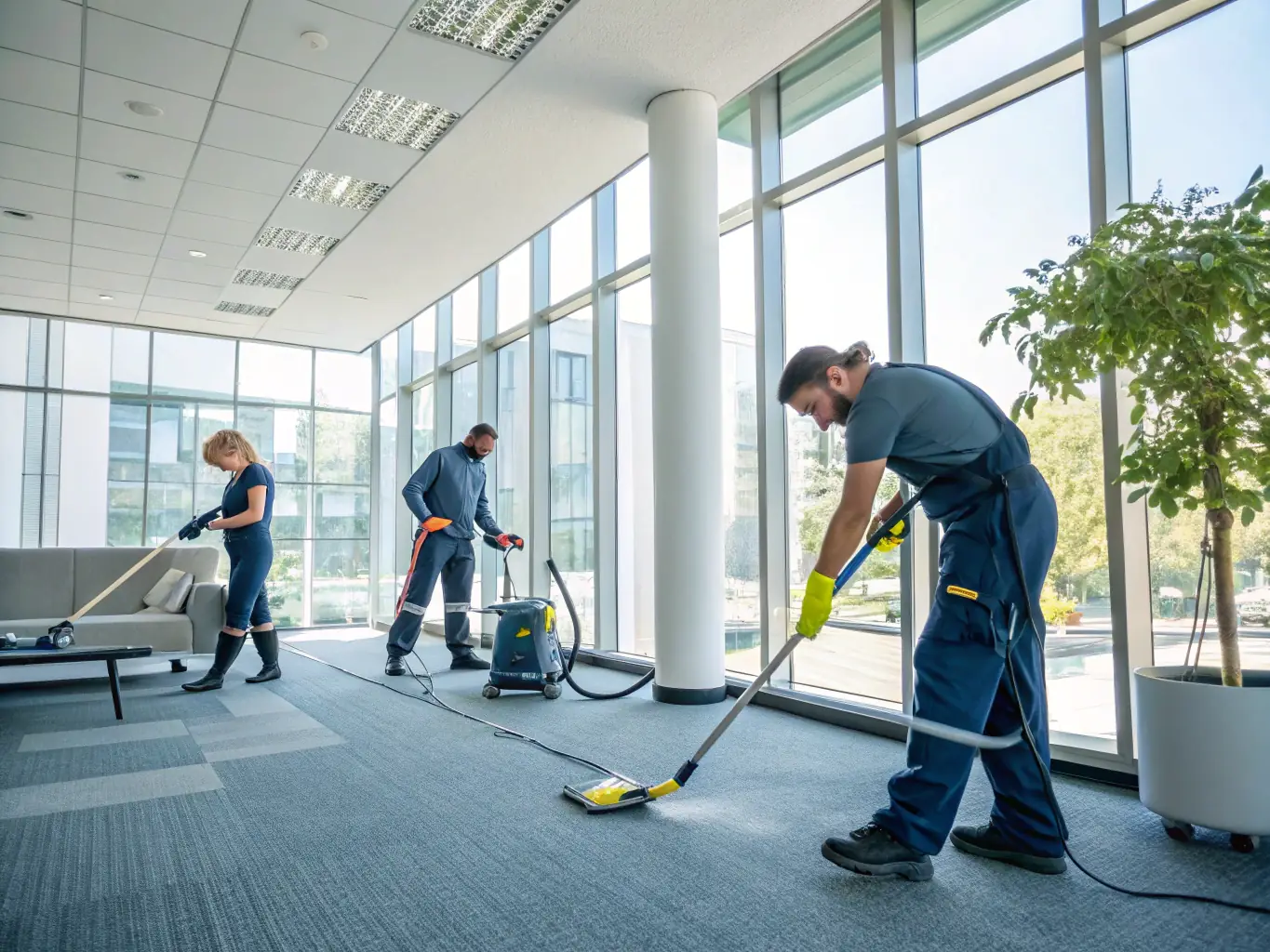 A well-lit office space being cleaned by a janitorial team, showcasing their attention to detail and use of modern equipment.