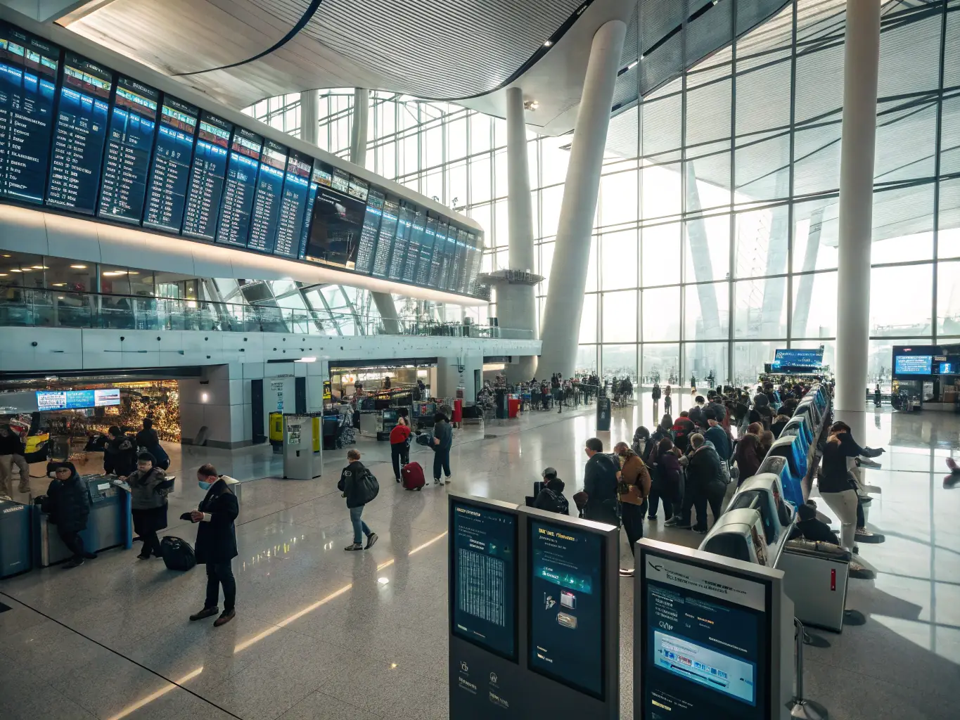 A bustling airport terminal with Avessdo cleaning staff efficiently sanitizing surfaces and maintaining cleanliness in high-traffic areas.