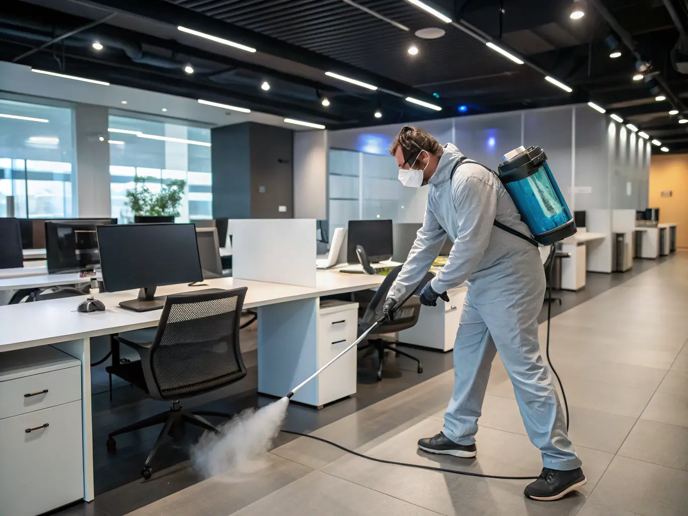 Electrostatic spraying equipment being used to disinfect a large office space, highlighting the thorough coverage and advanced technology.